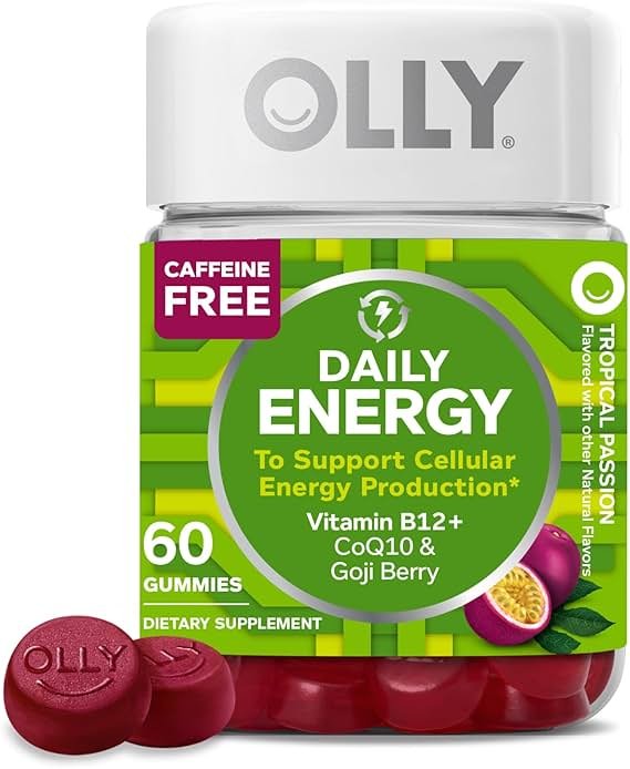 OLLY Daily Energy Gummy, Caffeine Free, Vitamin B12, CoQ10, Goji Berry, Adult Chewable Supplement, Tropical Flavor - 60 Count - Product Image