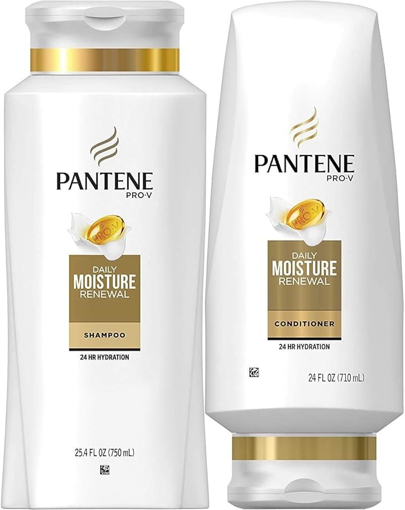 Pantene Moisturizing Shampoo 25.4 OZ and Silicon-Free Conditioner 24 OZ for Dry Hair, Daily Moisture Renewal, Bundle Pack (Packaging May Vary) - Product Image