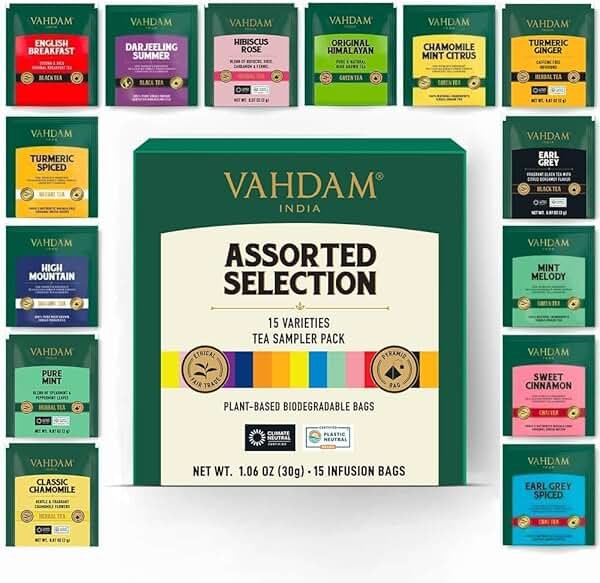 VAHDAM, Assorted Tea Sampler (15 Different Variety in Individually Wrapped Pyramid Tea Bags) Long Leaf Premium Teas I Teas Gift Set I Ideas for Tea Lovers | Gifts for Women & Men - Product Image