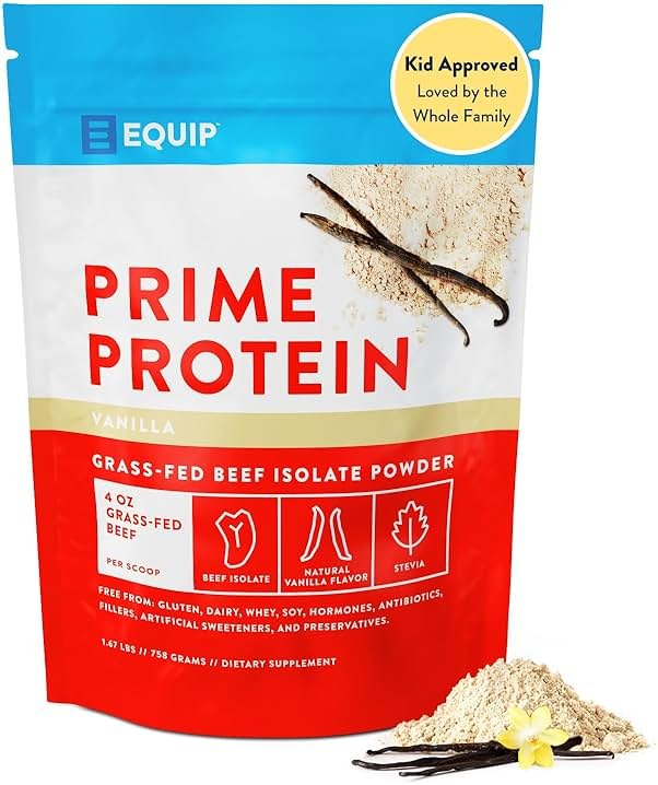 Equip Foods Prime Protein Powder | Clean, Grass Fed Beef Protein Powder | Carnivore Protein Isolate, Keto Friendly | Gluten & Dairy Free | Helps Build & Repair Tissue | 30 Servings, Vanilla (No Sugar) - Product Image