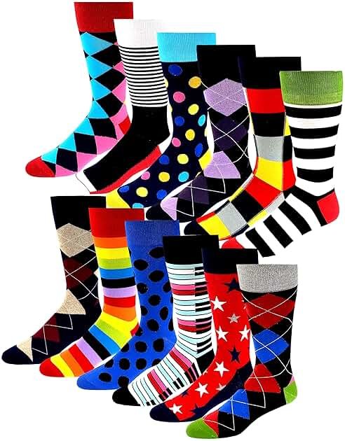 12 Pairs Pack Men's Premium Combed Cotton Fashion Funky Design Dress Socks 10-13 - Product Image
