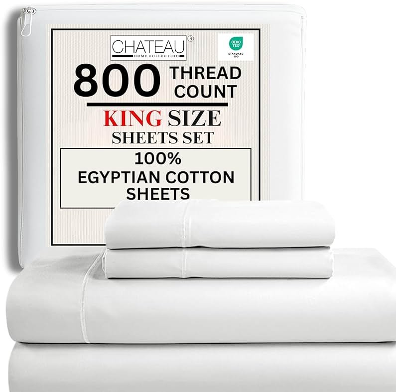 100% Egyptian Cotton Sheets King Size Sheets Set with Fully Elasticated 15" Deep Fitted Sheet & Pillowcase Sets, 800TC Sateen Weave Hotel Collection King Sheet Set, Soft Luxury White Bedding - Product Image