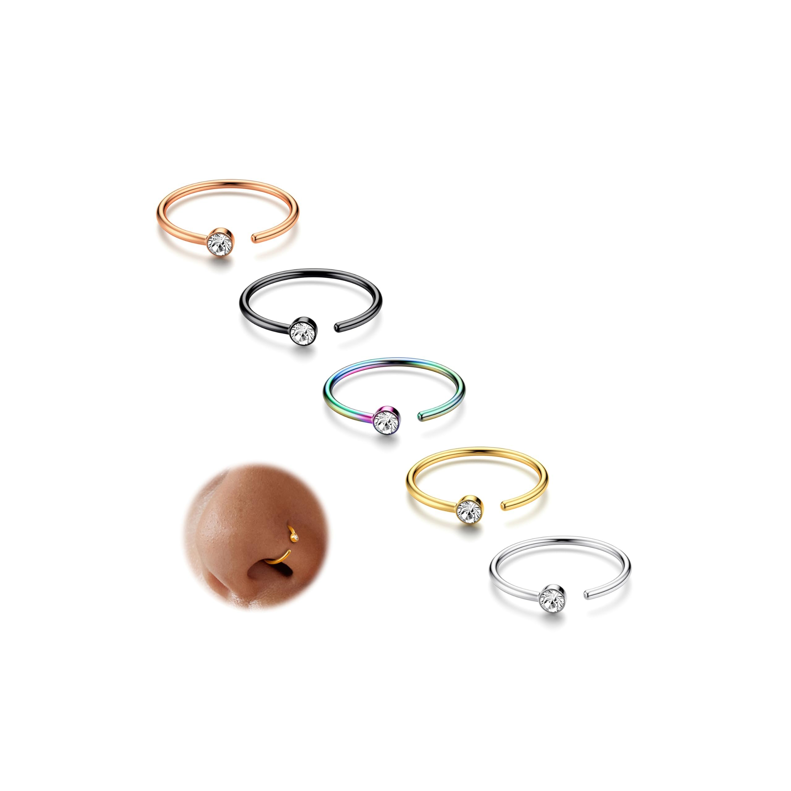ORAZIO 5-12Pcs 20G Stainless Steel Nose Ring Hoop CZ Body Ear Piercing 5 Mixed Colors - Product Image