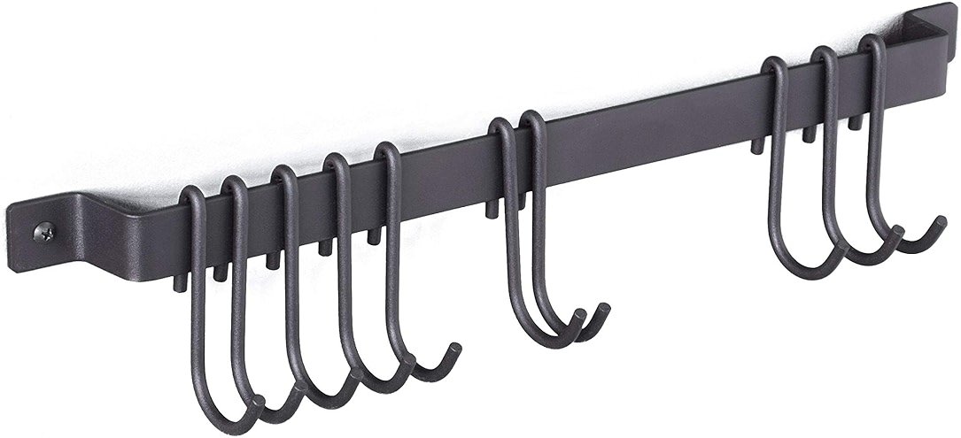 Wallniture Gourmet Kitchen Rail with 10 Hooks, Wall Mounted Wrought Iron Hanging Utensil Holder Rack with Black 17 Inch - Product Image