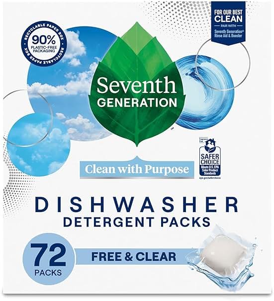 Seventh Generation Dishwasher Detergent Packs, Free & Clear, 72 Count, Pack of 1, Plant Powered Cleaning, Fights Greasy Reside & Stuck-On Food For Sparkling Dishes, Fragrance-Free & Septic Safe - Product Image