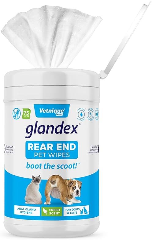 Vetnique Glandex Rear End Wipes for Dogs & Cats, Anal Gland Hygiene & Deodorizing Dog Wipes for Paws and Butt, Boot The Scoot with DeoPlex Enzyme, Aloe & Vitamin E (75ct) - Product Image