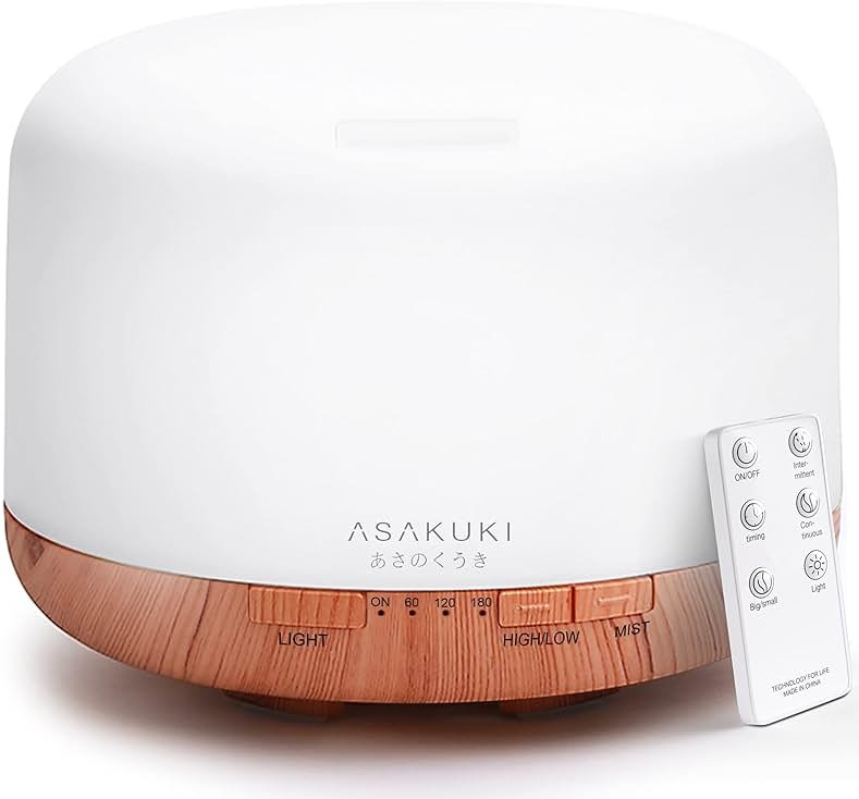 ASAKUKI Essential Oil Diffuser for Home, 500ML Aromatherapy Diffuser Humidifier with Remote Control, 7 Color LED Lights, Quiet Cool Mist Diffuser for Bedroom, Office (Yellow) - Product Image