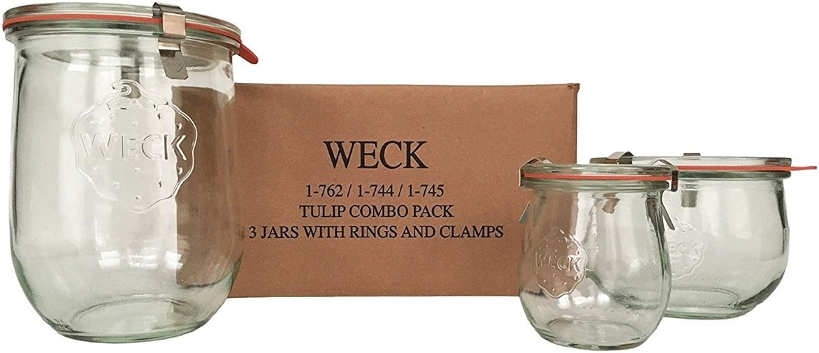 Weck Tulip Jar Combo Pack- (1) 762, (1) 744, (1) 745, (3) glass lids, (3) rubber rings and (6) clamps - Product Image