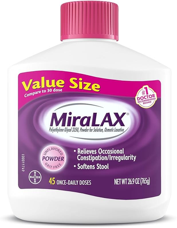 MiraLAX, Laxative Powder, Gentle Constipation Relief for Adults, Stool Softener with PEG 3350, Nonstimulant Laxative, No Harsh Side Effects, Osmotic Laxative, 45 Count - Product Image