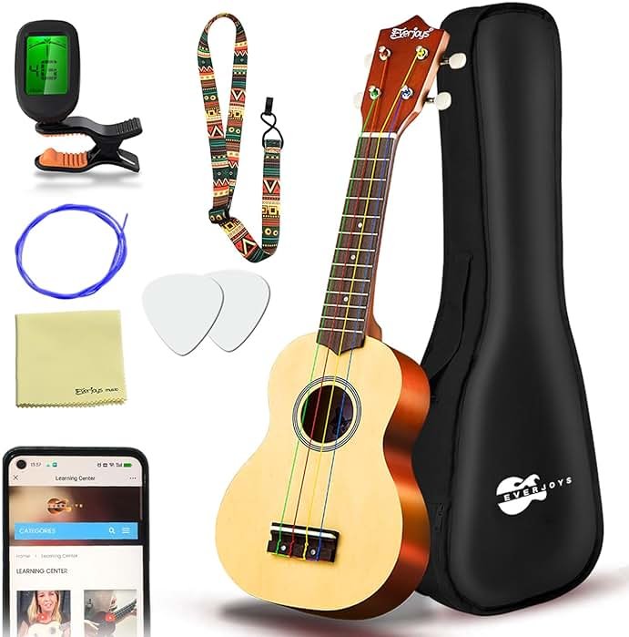 Everjoys Soprano Ukulele Beginner Pack-21 Inch w/Rainbow String Free Online Lesson Gig Bag Digital Tuner Pick All in One Kit - Product Image