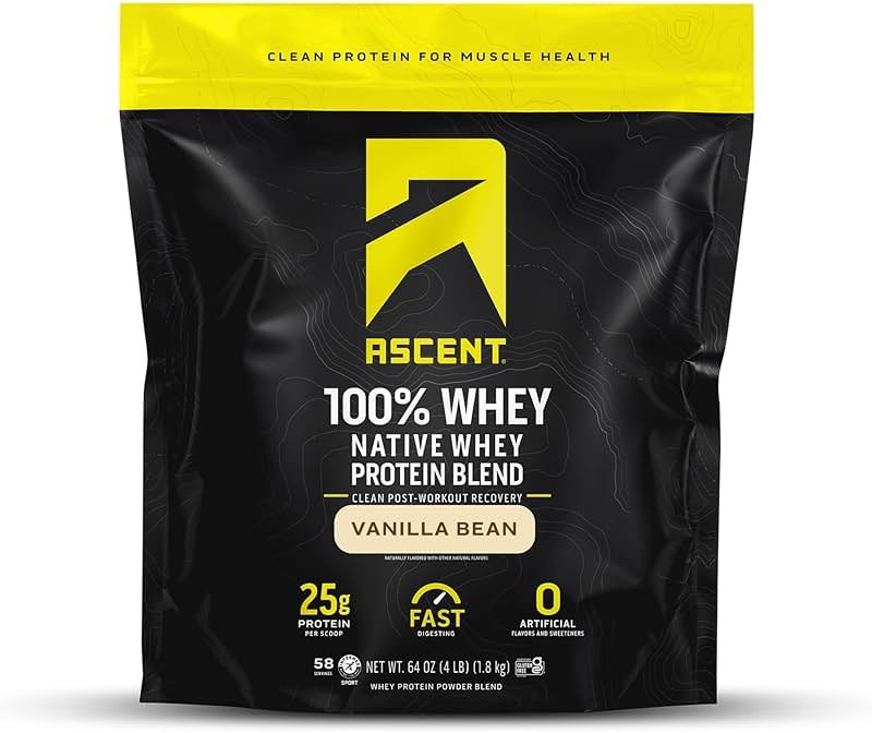 Ascent 100% Whey, Native Whey Protein Blend - Clean Post Workout Recovery, Digesting, Zero Artificial Flavors & Sweeteners, Gluten Free, 5.5g BCAA, 2.6g Leucine, Vanilla Bean 4 lb. - Product Image