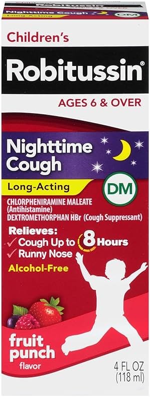 Children's Robitussin Nighttime Cough Long-Acting DM, Cough Medicine for Kids, Fruit Punch Flavor - 4 Fl Oz Bottle - Product Image