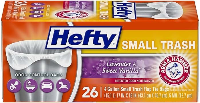 Hefty Small Trash Bags, Flap Tie, Lavender & Sweet Vanilla Scent, 4 Gallon, 26 Count - Product Image