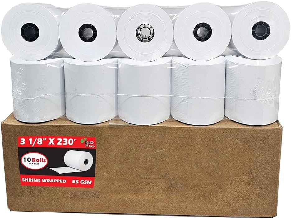 (10 Rolls) 3 1/8 x 230 Thermal Paper Receipt Rolls (55 GSM - 80mm x 70m) Fits All POS Cash Registers TM-T88III, TM-T88IV, TM-T88V, TSP100, CT-S300, CT-S2000, BPA Free from BuyRegisterRolls - Product Image