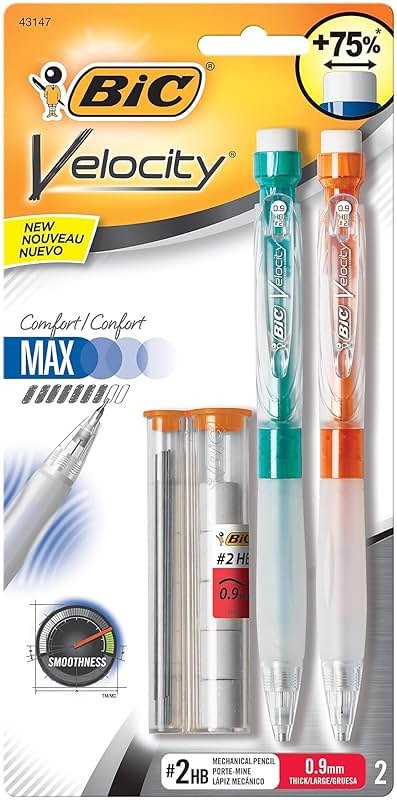 BIC Velocity Max Mechanical Pencils, With Colorful Barrel, Medium Point (0.7mm), 2-Count Pack Mechanical Pencils With Erasers and Lead Refills - Product Image