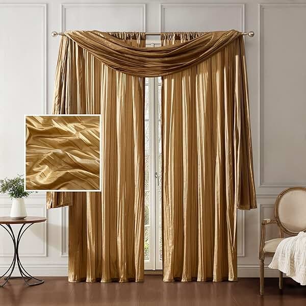 Elrene Home Fashions Athena Faux Crushed-Silk Window Curtain Panel and Valance Set, 52"x95" (2 Panels) & 1 Valance, Gold - Product Image