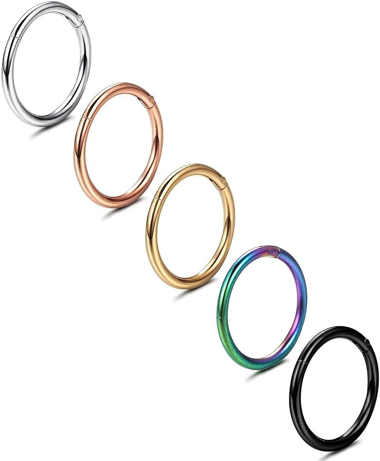 Jstyle 5Pcs 316L Surgical Steel Septum Rings Nose Rings Hoop 16G 18G 20G Hinged Clicker Hoop Nose Rings for Women Men Cartilage Hoop Earring Lip Helix Rook Tragus Conch Septum Nose Piercing Jewelry - Product Image