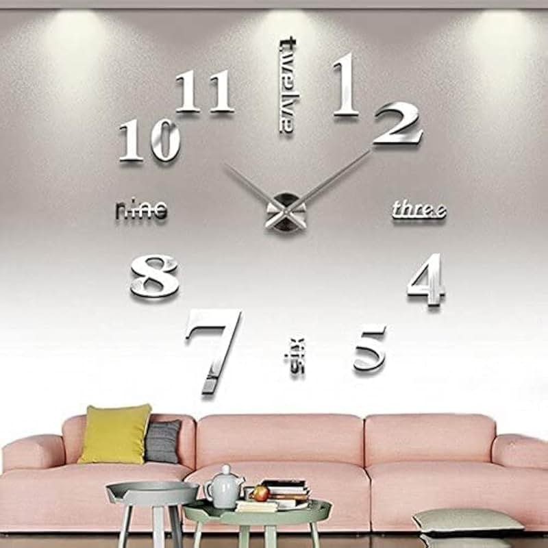 Timelike Large DIY Wall Clock, Modern 3D Frameless Wall Clock with Mirror Numbers Stickers for Home Office Living Room Bedroom Wall Decoration - Product Image