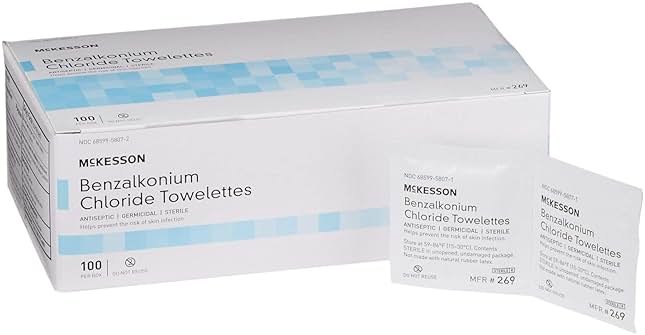 McKesson Benzalkonium Chloride Towelettes [Pack of 100] First Aid Antiseptic Wipes, Sterile Individual Wrapped - Product Image