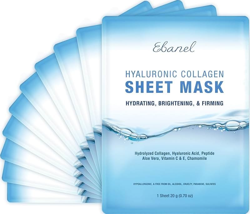 Ebanel 10 Pack Collagen Face Mask with Hyaluronic Acid, Vitamin C, Peptide, Aloe, Instant Brightening Hydrating Face Masks Skincare Korean Sheet Mask, Skin Firming, Lifting Anti Aging Facial Masks - Product Image