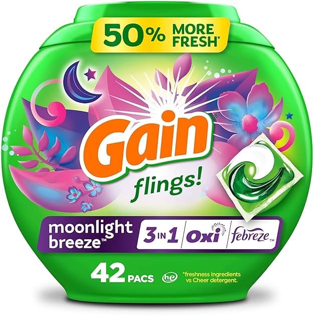 Gain Flings Liquid Washing Detergent Pods with Odor Defense + Color Guard, Moonlight Breeze Scent, 4-in-1 Liquid Laundry Detergent Pacs, Clean & Fresh, 42 Count (Packaging May Vary) - Product Image