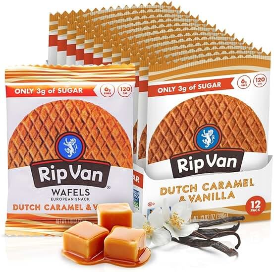 Rip Van Wafels Dutch Caramel & Vanilla Stroopwafels, Healthy Snacks, Non-GMO, Low Calorie, Low Sugar (3g), Office Snacks, Keto Friendly, 12 Count - Product Image