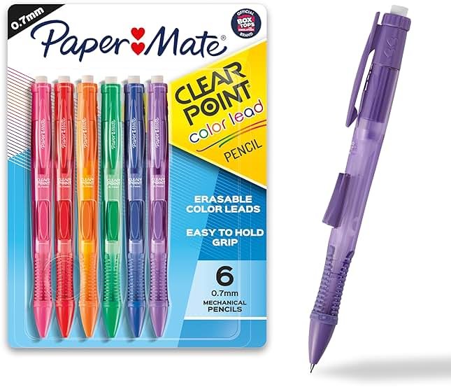 Paper Mate Clearpoint Mechanical Pencils, 0.7mm Color Lead, Erasable, Refillable, 6 Count - Vibrant Colors, Comfortable Grip, Fun Office Supplies - Product Image