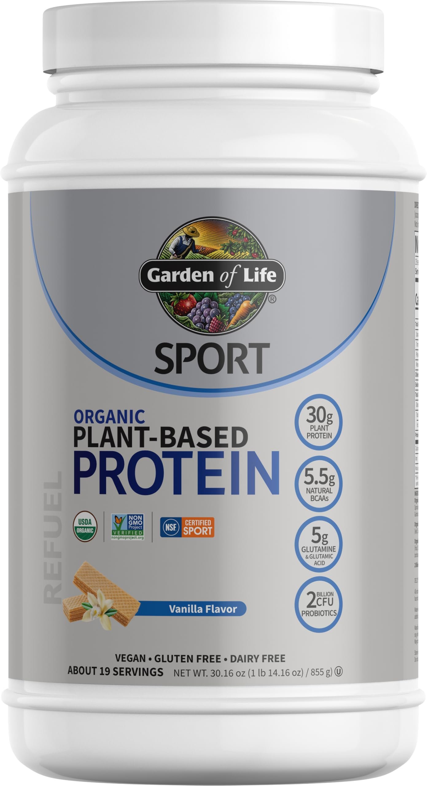 Garden of Life Organic Vegan Protein Powder with Probiotics, BCAAs, NSF Certified, Gluten Free & Sport, Non GMO, Sport Protein Powder, 19 Servings, Vanilla - Product Image