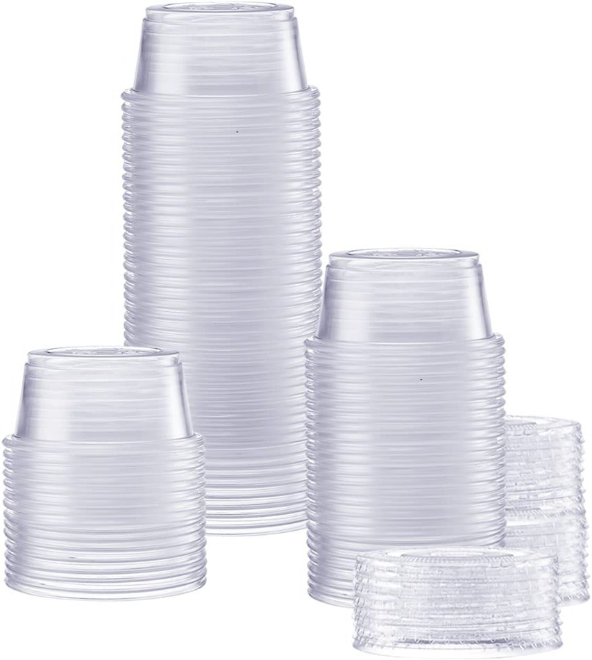 GUSTO 2 oz Jello Shot Cups with Lids [100 Count] Clear Plastic Portion Containers, Condiment Cups for Sauces, Dressings & Samples – Durable, Stackable, Leak-Resistant (Formerly Comfy Package) - Product Image