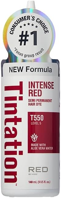 Red by Kiss Tintation Semi-Permanent Hair Color, Aloe Vera Water Based, Argan Oil, Olive Oil, Collagen & Keratin, Long-Lasting Color Dye (Intense Red, 5 Fl Oz) - Product Image