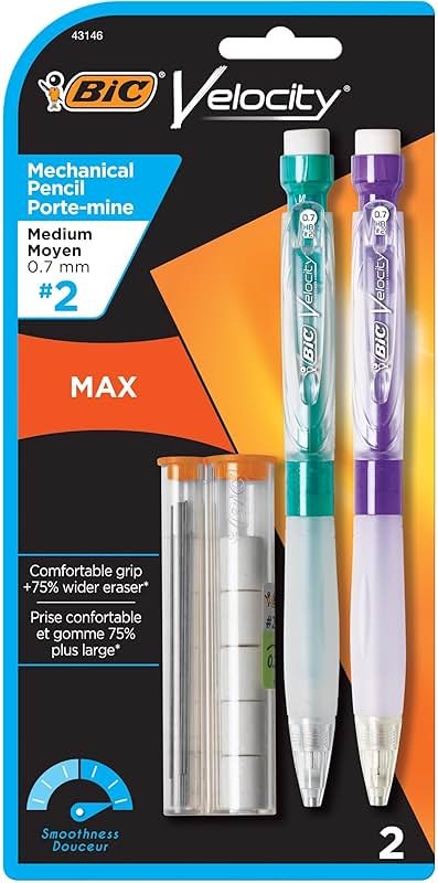 BIC Velocity Max Mechanical Pencils, With Colorful Barrel, Medium Point (0.7mm), 2-Count Pack Mechanical Pencils With Erasers and Lead Refills - Product Image