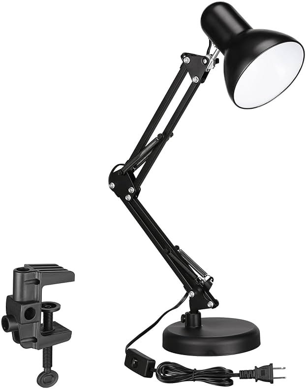 TORCHSTAR Metal Desk Lamp with Clamp, Swing Arm, Architect Adjustable Gooseneck Table Lamp, Clip Desk Lights for Home Office, Work, Study, Reading, E26 Base, Multi-Joint, Black - Product Image