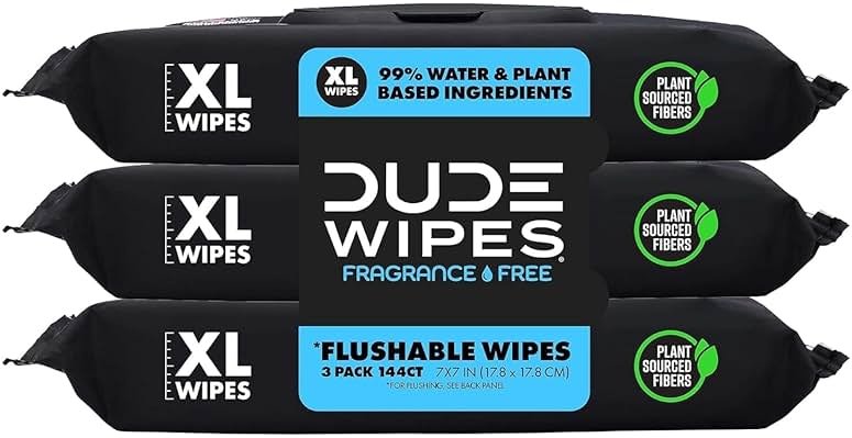 Dude Wipes, Unscented Flushable Wipes - Extra-Large Adult Wet Wipes for Sensitive Skin - - Infused with Vitamin E and Aloe - Septic and Sewer Safe, 144 Count - Product Image