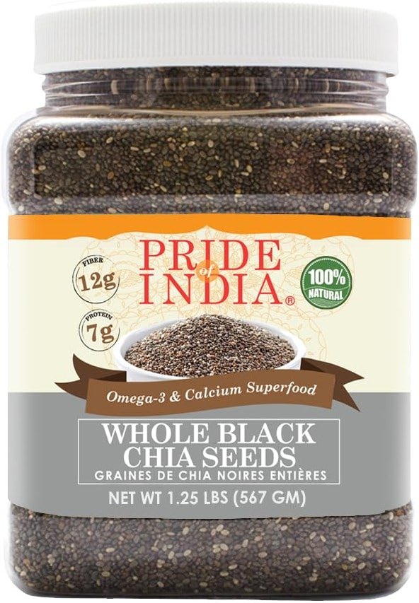 Pride of India Black Chia Seeds 1.25 lb | Whole Raw Chia Seeds for Smoothies, Pudding, Yogurt & Salad | High Fiber, Omega 3 & Calcium Rich Superfood | Vegan & Gluten Free - Product Image