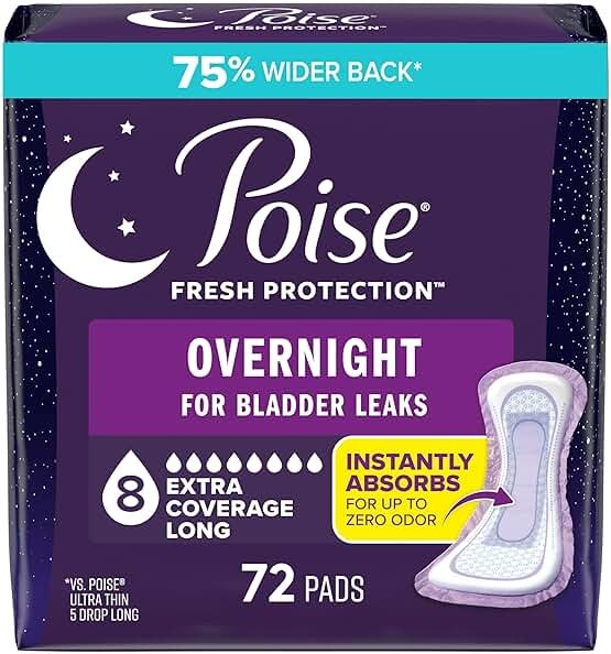 Poise Overnight Incontinence & Postpartum Pads for Bladder Leaks, 8 Drop Extra Coverage, 72 Count (2 Packs of 36), Packaging May Vary - Product Image