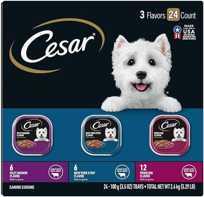 Cesar Filets in Gravy Adult Wet Dog Food Variety Pack, Filet Mignon, New York Strip and Prime Rib Flavors, 3.5 oz. Easy Peel Trays, Variety Pack of 24 - Product Image