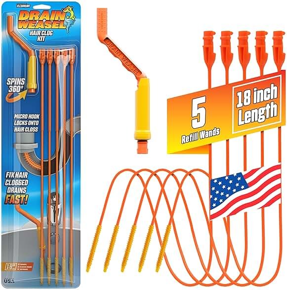 Flexisnake Drain Weasel Hair Clog Remover Kit – Plumbing Snake Auger for Cleaning Shower, Bath Tub, Bathroom Drains with Rotating Handle and 5 Disposable Wands, Made in USA - Product Image