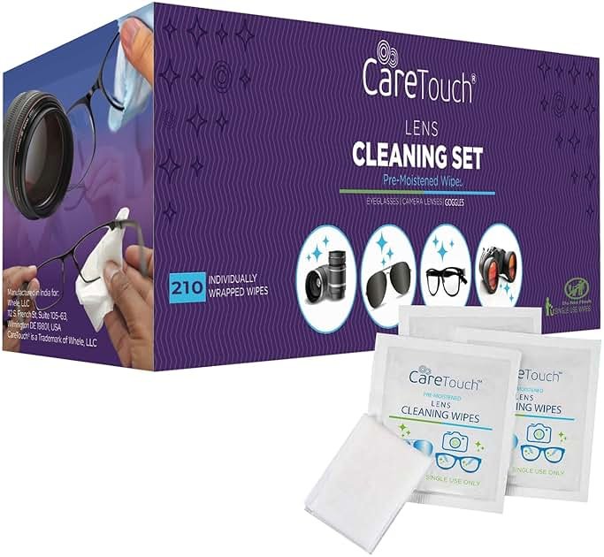Care Touch Lens Wipes for Eyeglasses- 210 Count Individually Wrapped Pre- Moistened Wipes, 5 x 6 Inch- Camera Lens, Sunglasses and Glasses Cleaner,- Gentle and Portable for Cleaning of Optical Devices - Product Image
