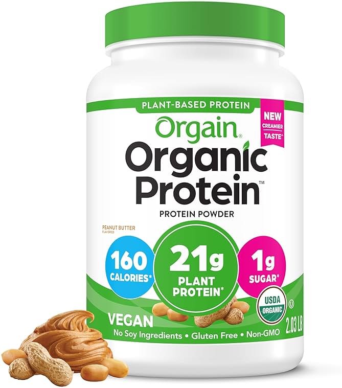 Orgain Organic Vegan Protein Powder, Peanut Butter - 21g Plant Protein, 7g Prebiotic Fiber, Low Net Carb, No Dairy Ingredients, No Added Sugar, For Shakes & Smoothies, 2.03 lb (Packaging May Vary) - Product Image
