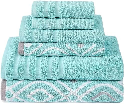 Modern Threads 6 Piece Bath Towel Set – Bathroom Set with 2 Bath Towels, 2 Hand Towels, and 2 Wash Cloths – 100% Cotton, Super Absorbent & Extra Soft – Reversible Classic Diamond (Aqua) - Product Image