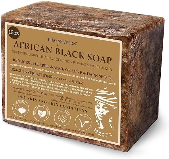 era of nature Best Raw ORGANIC AFRICAN BLACK SOAP, for Dry Skin and Skin Conditions. Pure & Natural Ingredients, Imported From Ghana - 1lb (16oz) - Product Image