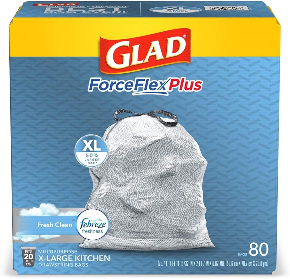 Glad Trash Bags, Force Flex Kitchen Pro Drawstring Garbage Bags, Fresh Clean, 80 Count - Product Image