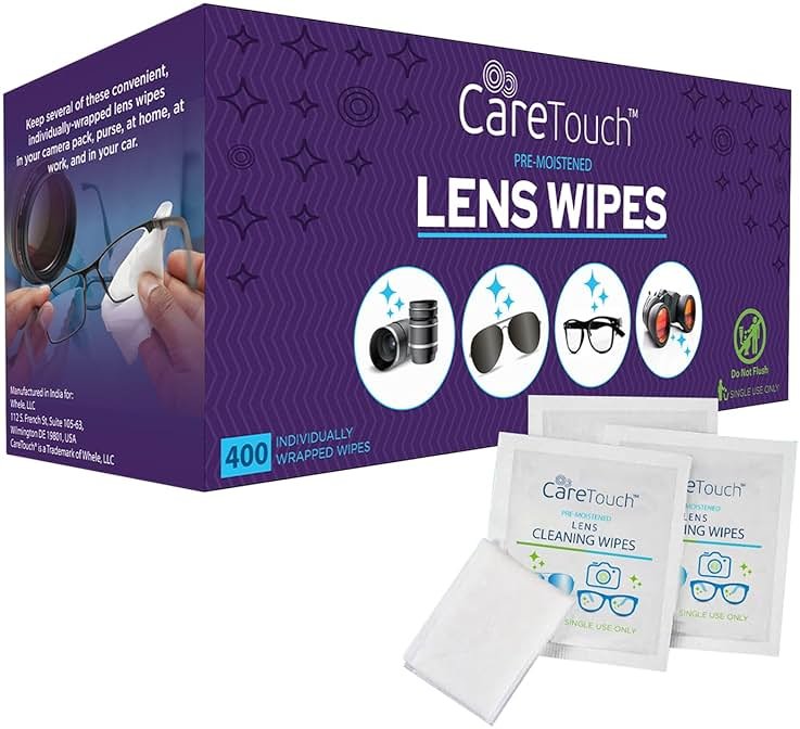 Care Touch Lens Wipes for Eyeglasses- 400 Count Individually Wrapped Pre- Moistened Wipes, 5 x 6 Inch- Camera Lens, Sunglasses and Glasses Cleaner,- Gentle and Portable for Cleaning of Optical Devices - Product Image