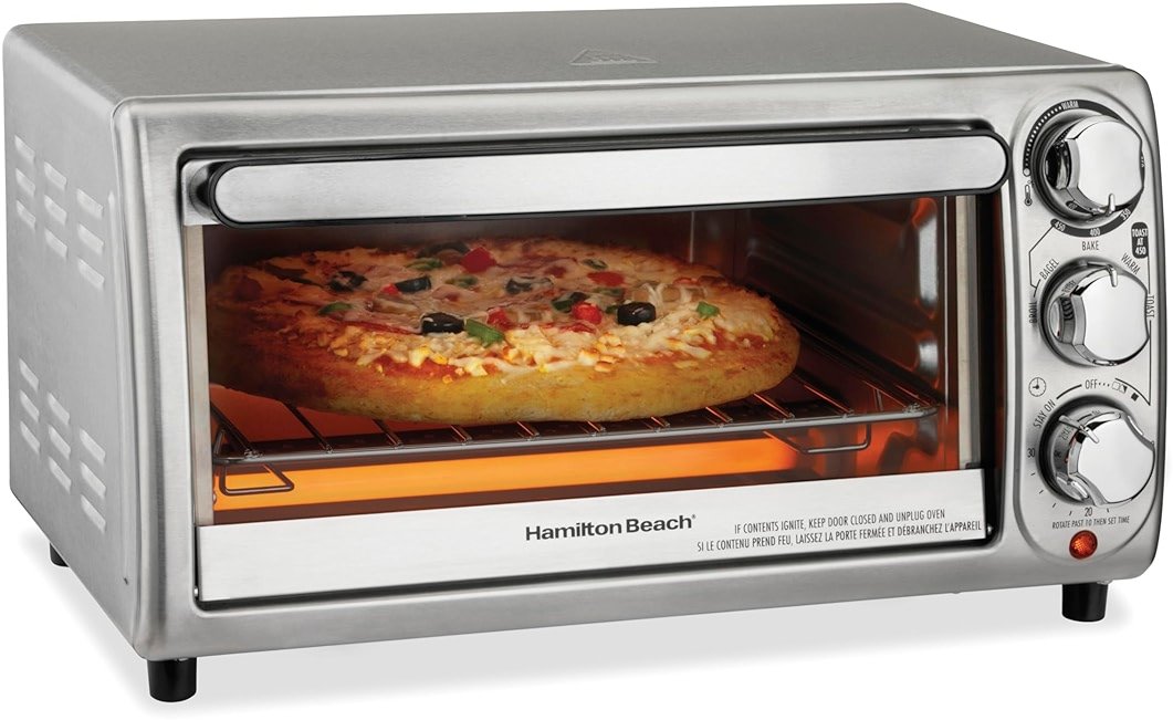 Hamilton Beach 4-Slice Toaster Oven with 5 Cooking Modes (Bake, Broil, Keep Warm Toast & Bagel) with Stay On & Auto Shutoff, 2 Rack Positions, 1100 Watts and 3 Accessories, Stainless Steel (31143) - Product Image