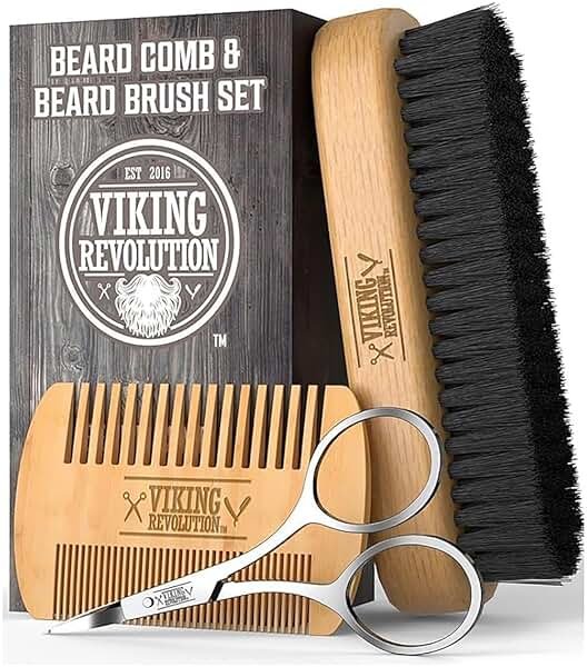 Viking Revolution Beard Comb & Beard Brush Set for Men -- Natural Boar Bristle Brush and Dual Action Pear Wood Comb w/Velvet Travel Pouch - Great for Grooming Beards and Mustaches - Product Image
