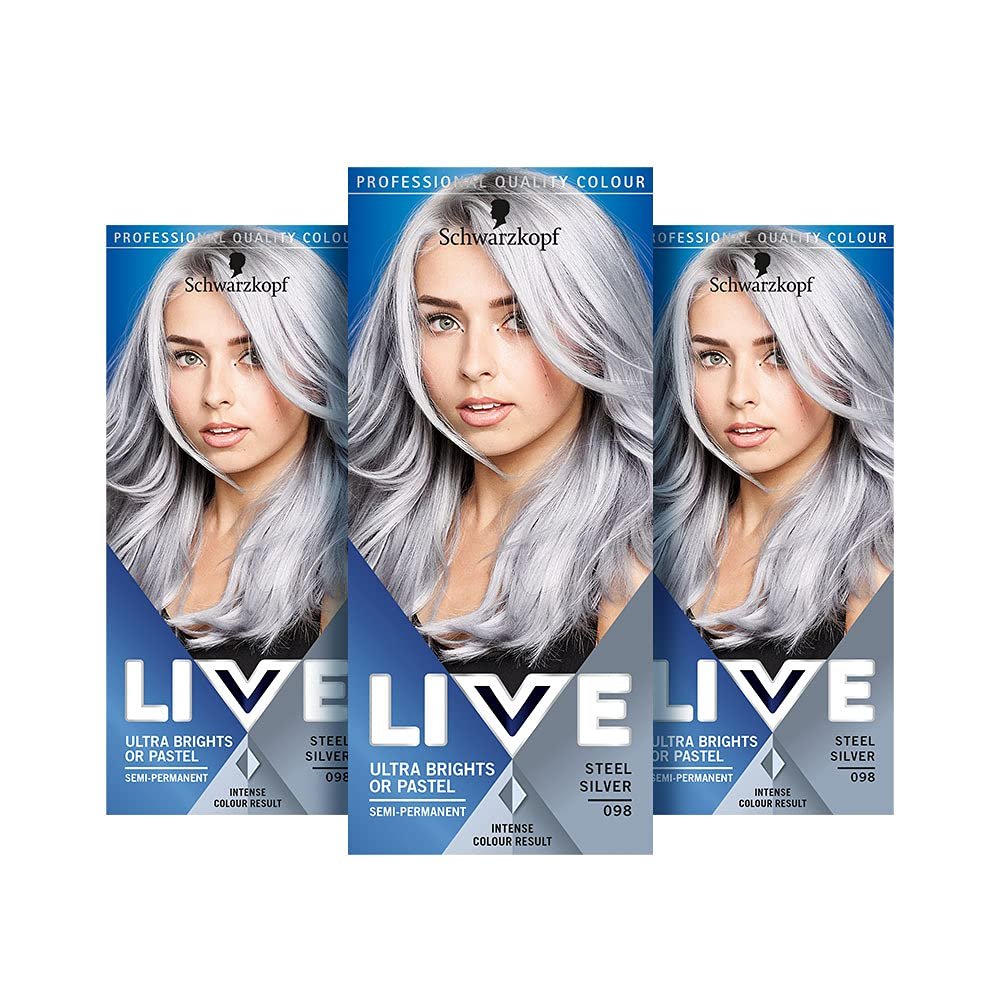 Schwarzkopf LIVE Ultra Bright or Pastel Grey Hair Dye, Pack of 3, Semi-Permanent Colour lasts up to 15 washes- 098 Silver Steel - Product Image