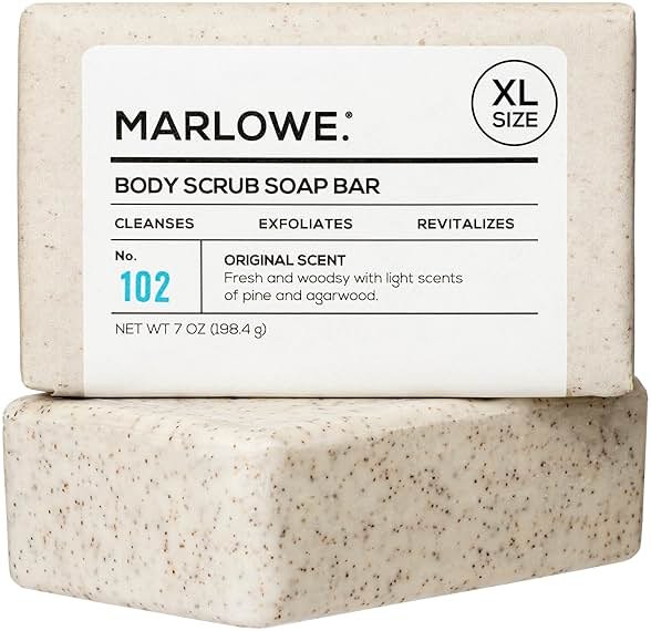 MARLOWE. No. 102 Body Scrub Soap 7 oz, Exfoliating Soap Bar with Shea Butter, Olive Oil & Green Tea Extracts, Cleanses, Smooths & Revitalizes Skin, Original Sage & Fir Scent - Product Image
