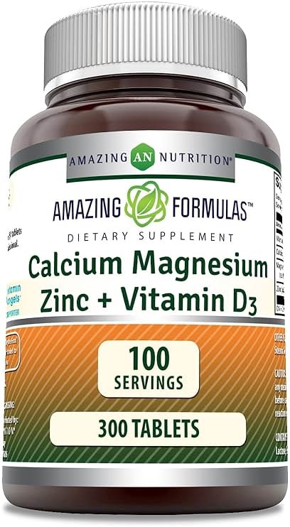 Amazing Formulas Calcium Magnesium Zinc D3-300 Tablets Per Bottle Supplement (Calcium 1000mg - Magnesium 400mg - Zinc 25mg Plus Vitamin D3 600 IU - Per Serving of 3 Tablets) - Product Image