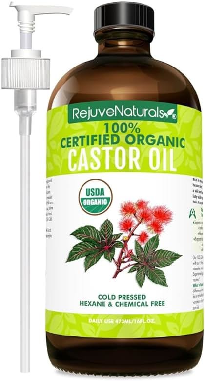 RejuveNaturals Castor Oil (16oz Glass Bottle) USDA Certified Organic, 100% Pure, Cold Pressed, Hexane Free. Boost Hair Growth for Thicker, Fuller Hair, Lashes & Eyebrows. - Product Image