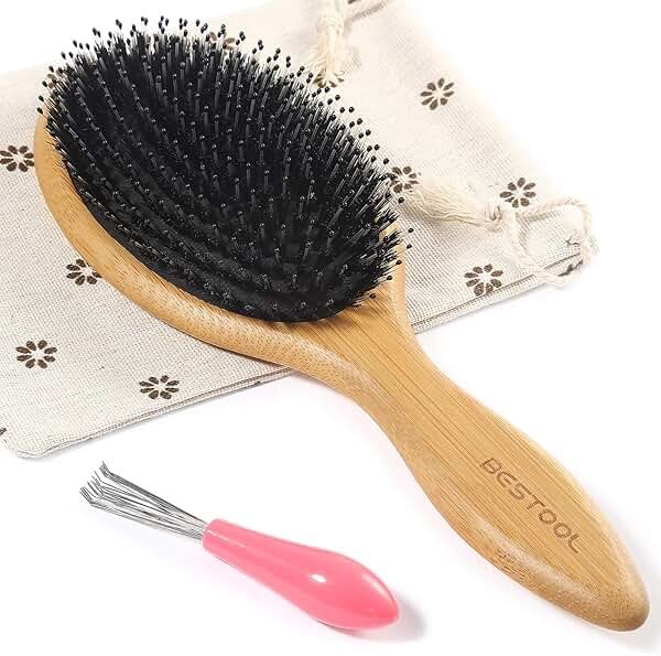BESTOOL Hair Brush-Boar Bristle Hair Brushes Natural Bamboo Wooden Cushion Massage Anti Static Large Paddle Hairbrush for Women Men and Kid (Round) - Product Image